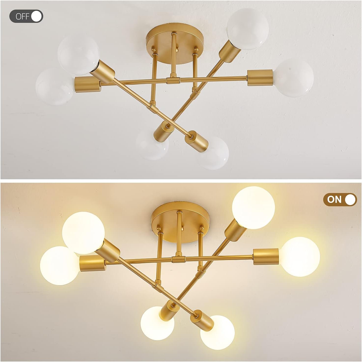 Surpars House Lámpara de techo moderna, lámpara Sputnik de 6 luces para dormitorio, comedor, sala de estar (dorado)