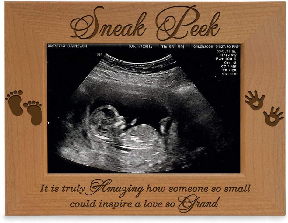 KATE POSH – Marco de ecograma Sneak Peek – Madera natural grabada, regalos para papá nuevo, regalos para mamá nueva (3 12 x 5 horizontal)
