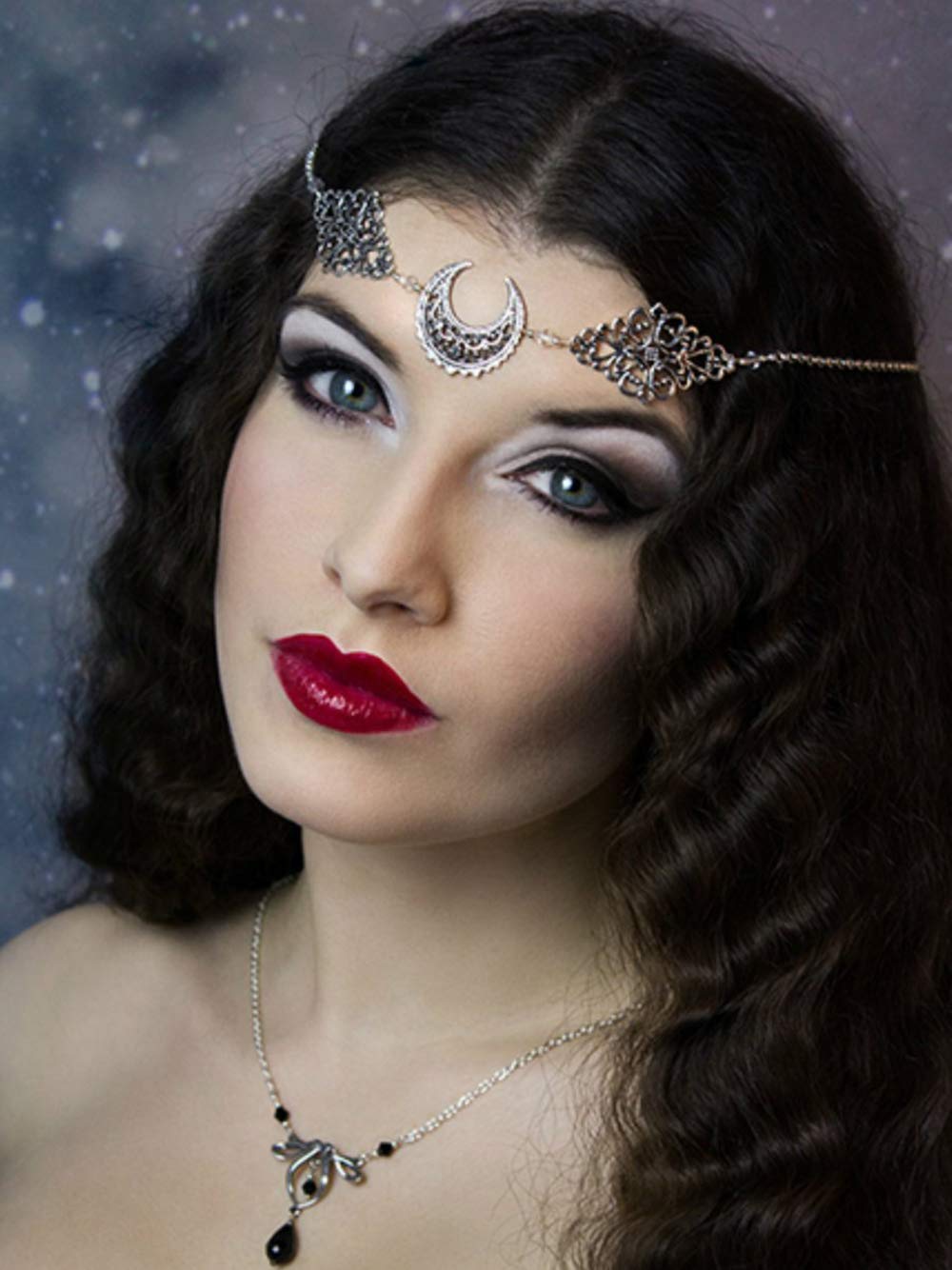 Doubnine Crescent Moon – Diadema con dije de cadena estilo bohemio para la frente gótica, accesorios retro para el cabello, vestido de boda para