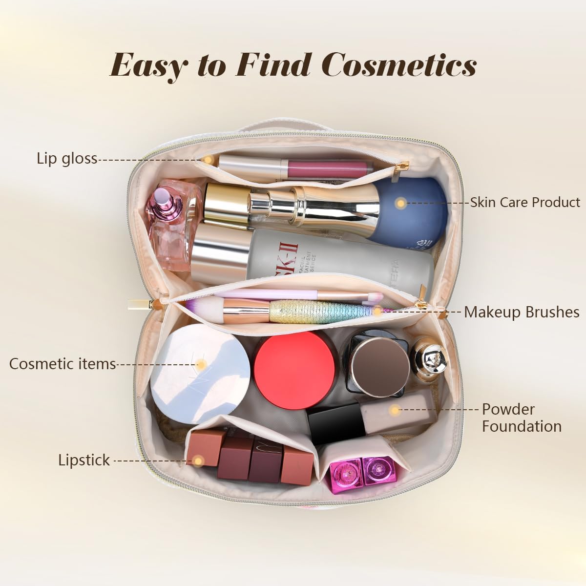 DTBG Bolsa de cosméticos de viaje de gran capacidad, Beige, K