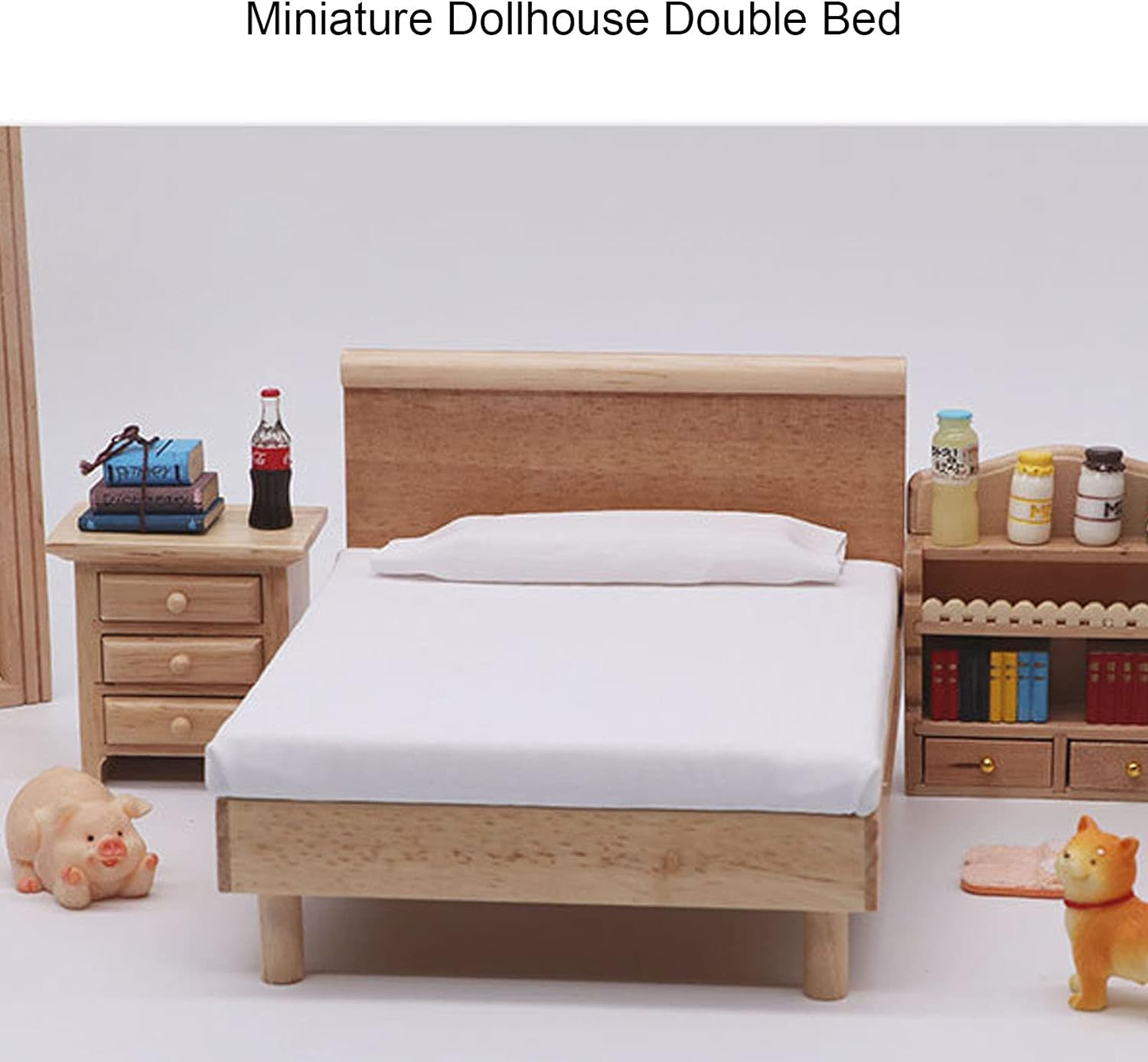 Cama doble para casa de muñecas, marco de madera, muebles en miniatura de roble, accesorios de decoración de casa de muñecas con almohada decorativa