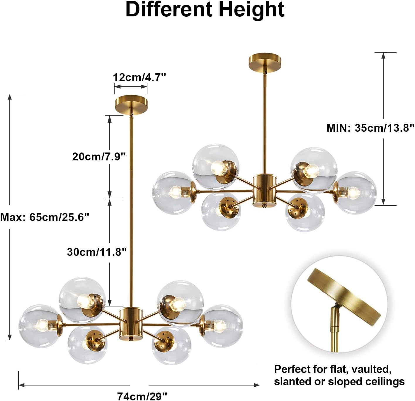 KCO Lighting Modern – Lámpara de araña Sputnik de 6 luces con globo de vidrio transparente, lámpara colgante de techo ajustable de mediados de