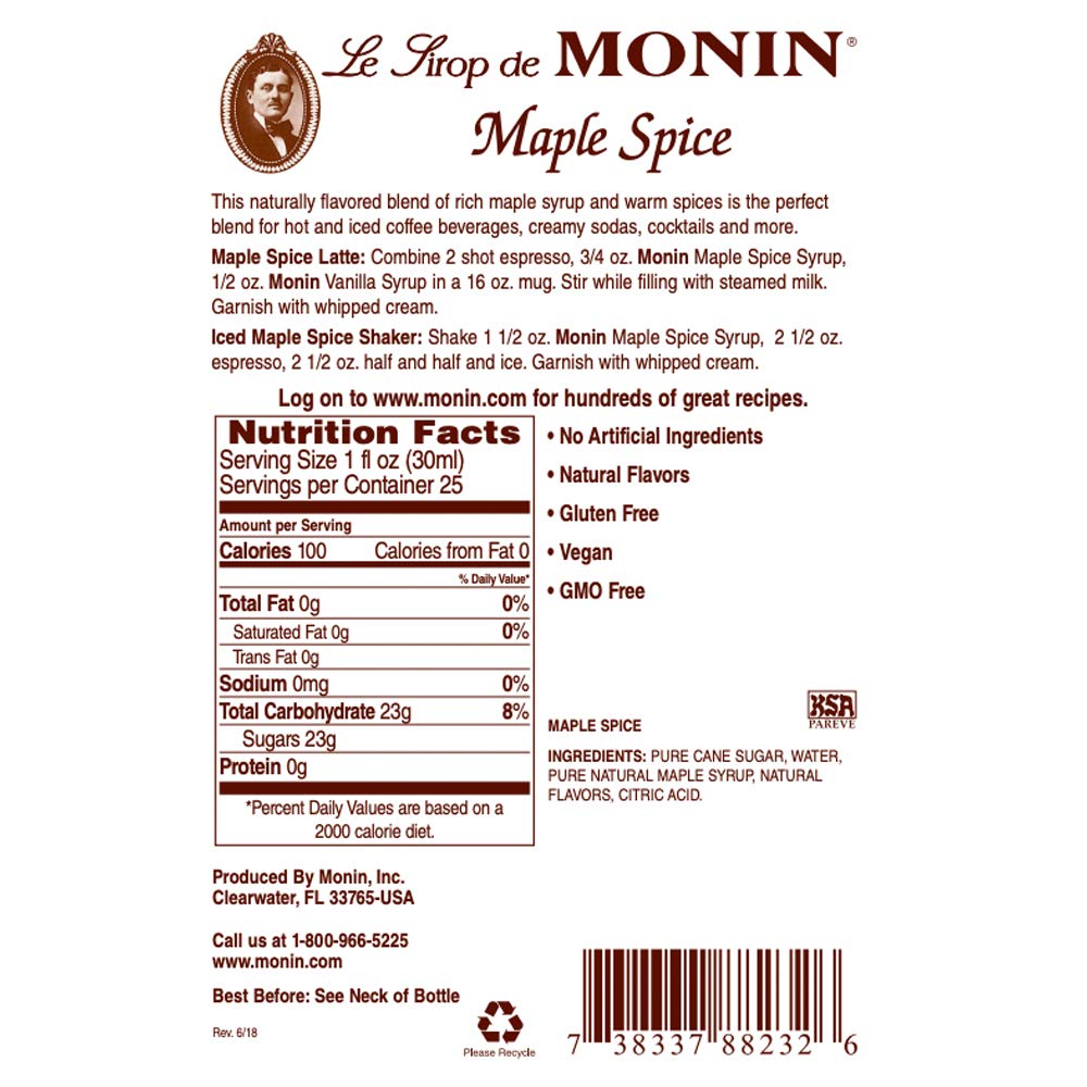 Monin – Jarabe de especias de arce, toques de pan de jengibre y canela, sabores naturales, ideal para cócteles, latés, mochas y cafés helados, sin