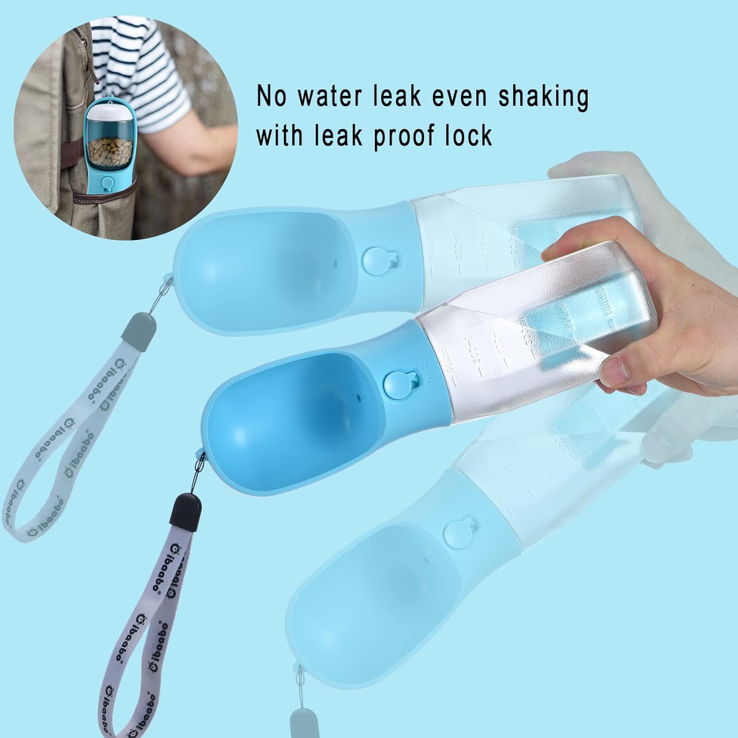 Cibaabo Botella de agua para perros con contenedor de alimentos y soporte para bolsa de excrementos, cuenco de agua de viaje, dispensador portátil