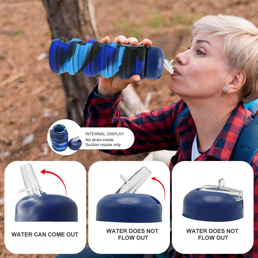 Paquete de 2 botellas de agua plegables de silicona, a prueba de fugas, portátiles de 16 onzas, expandibles, vasos deportivos con popote, sin BPA,