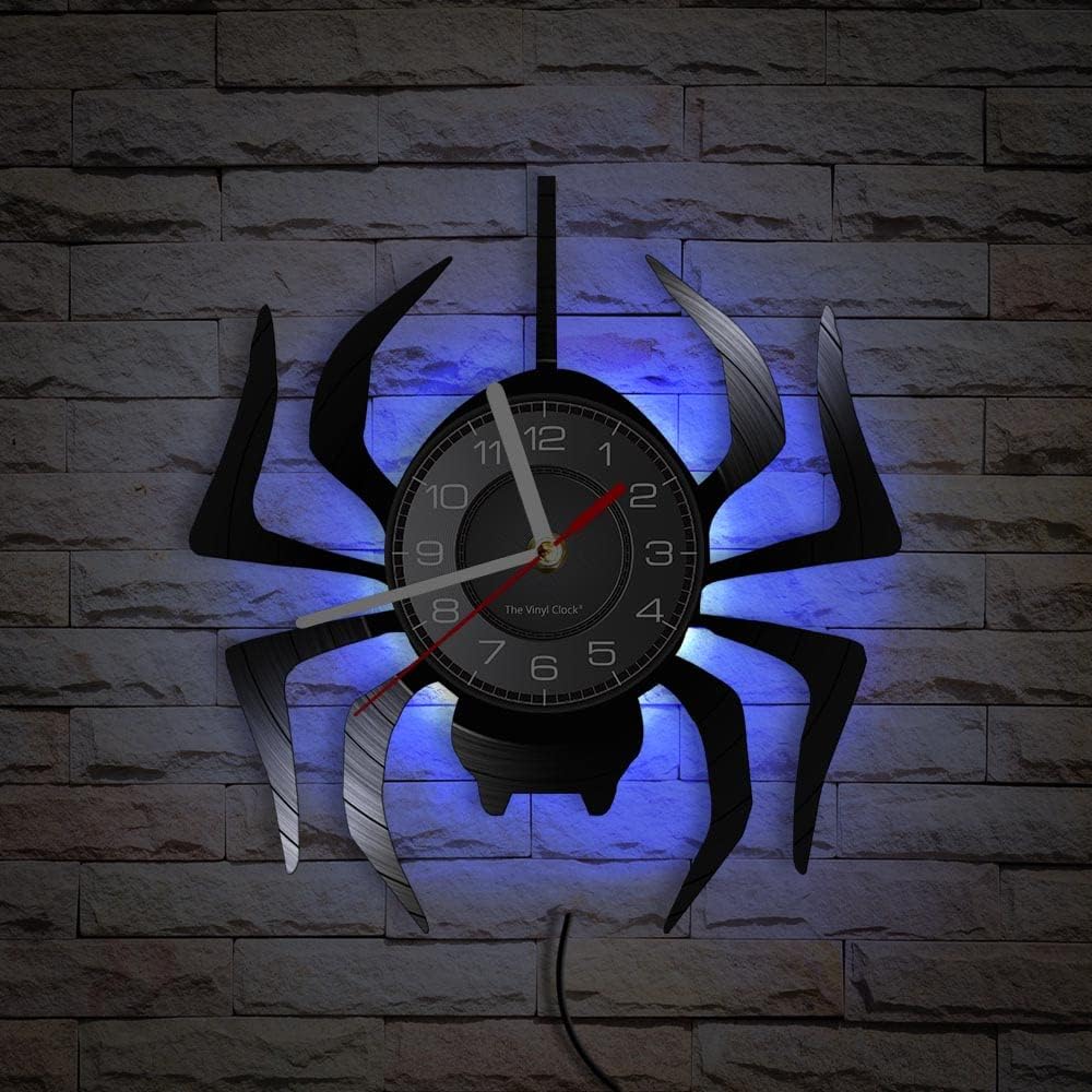 Timethink Reloj de pared LED de araña negra de 12 pulgadas con 7 colores cambiantes, tarántula silenciosa, cuarzo, sin tictac, reloj de pared,