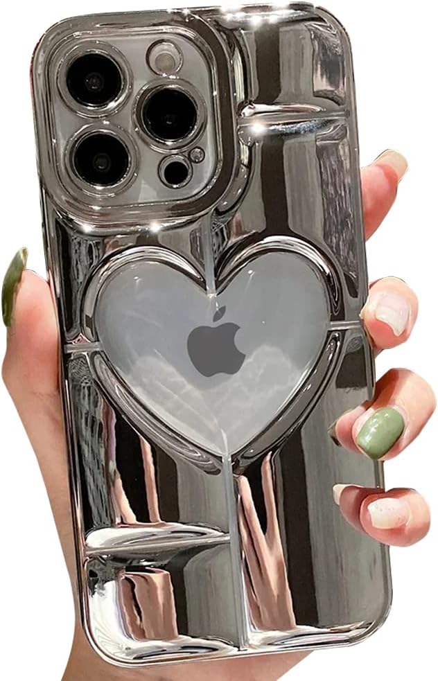 Casechics Funda compatible con iPhone, funda de lujo galvanizada con corazón hueco, protección para lente de cámara, suave a prueba de golpes