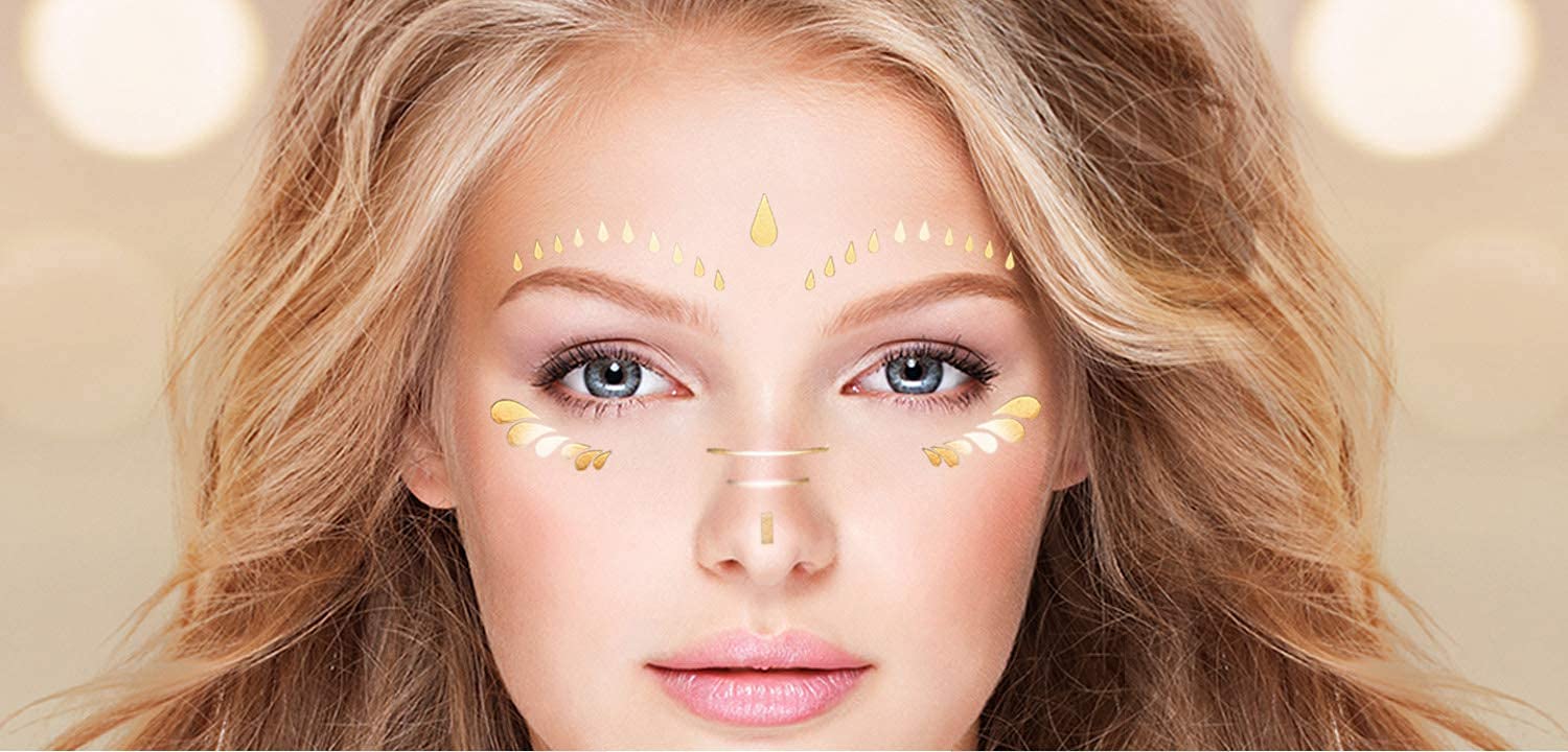 10 hojas de calcomanías para tatuajes faciales, tatuajes dorados con purpurina, pecas metálicas de transferencia temporal para mujeres y niñas,