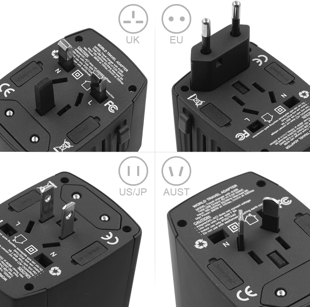 Adaptador de corriente de viaje universal en todo el mundo, adaptador internacional de 2000 W con 4 puertos USB, Reino UnidoUEAUEE. UU. (más de 200