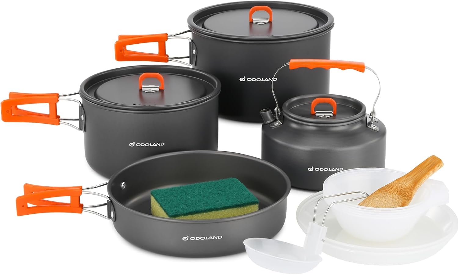 Odoland Juego de 15 ollas y sartenes antiadherentes y ligeras para acampar con platos de plástico, tazones y cuchara de sopa para camping,