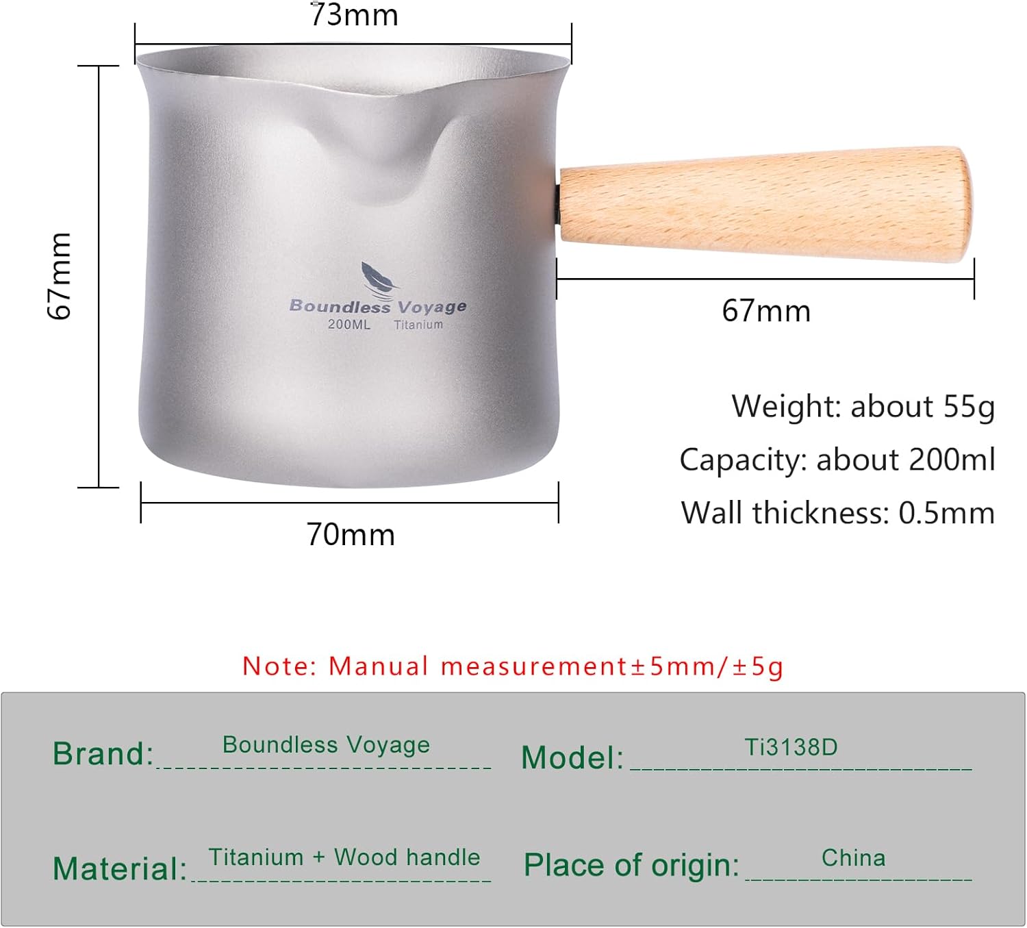 iBasingo Juego de té de titanio de 6.8 fl oz de una sola capa con mango de madera al aire libre portátil ligero para acampar senderismo café