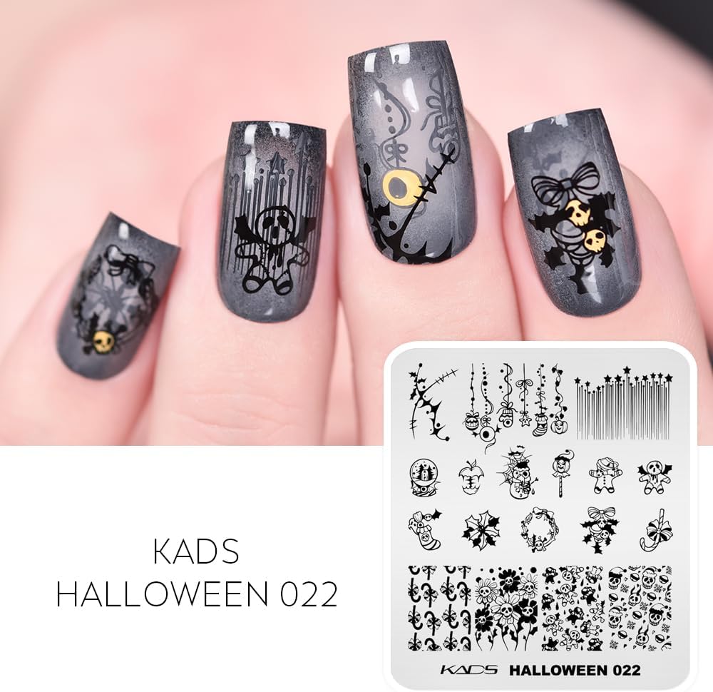 KADS Placas de estampado de uñas para Halloween, diseño de arte de uñas, atmósfera de terror, esqueleto, gota de sangre, bruja, calabaza linterna