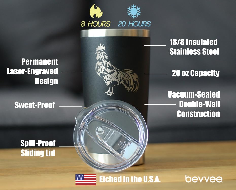 Rooster – Insulated Coffee Tumbler Cup with Sliding Lid – Stainless Steel Travel Mug – Chicken Gifts and Farm Décor for Women and Men – Black