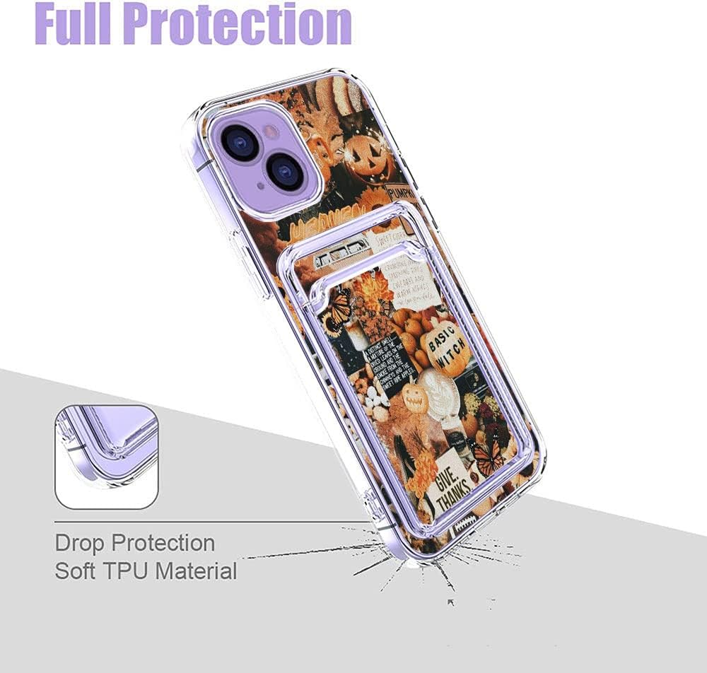 Funda estética para teléfono con tarjetero para iPhone 14, diseño retro estético de calabaza de otoño para niñas y mujeres, diseño de cartera que