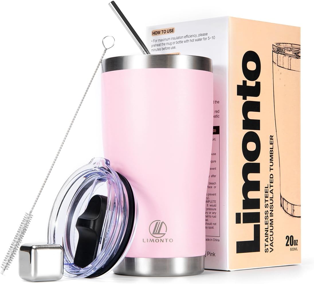 Limonto Vaso de 20 onzas con tapa y popote, botella de agua aislada al vacío con cubo de hielo de acero inoxidable, taza de viaje a prueba de fugas