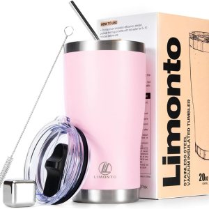 Limonto Vaso de 20 onzas con tapa y popote, botella de agua aislada al vacío con cubo de hielo de acero inoxidable, taza de viaje a prueba de fugas Limonto Vaso de 20 onzas con tapa y popote, botella de agua aislada al vacío con cubo de hielo de acero inoxidable, taza de viaje a prueba de fugas