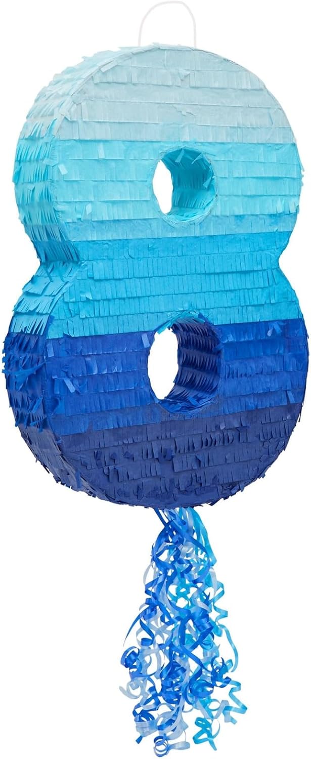 BLUE PANDA Piñata número 8, piñata de cuerda para decoración de fiesta de cumpleaños número 8, color azul degradado (16.5 x 11.5 x 3 pulgadas)