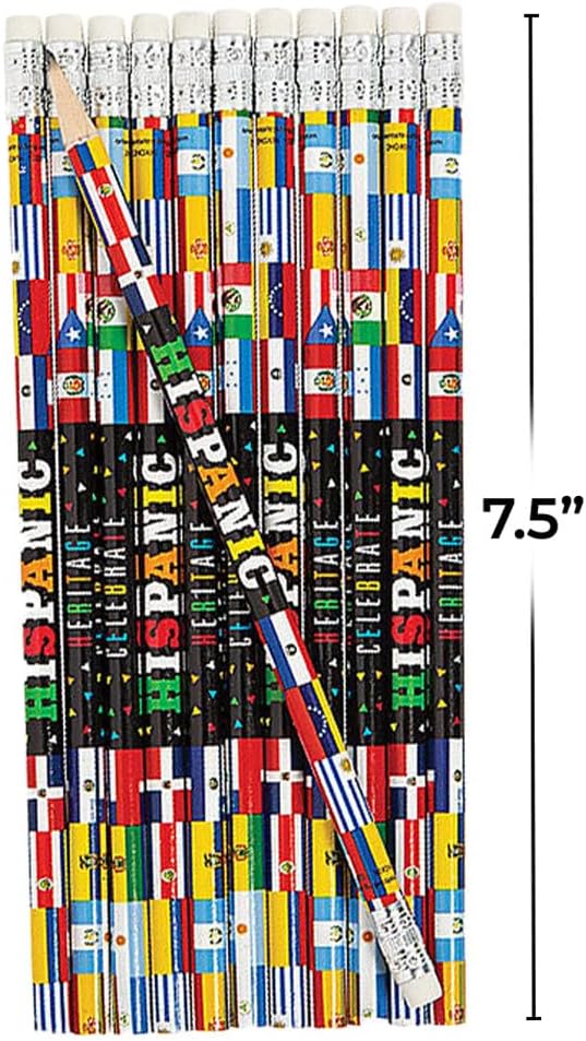 Fun Express Lápices del Mes de la Herencia Hispana  Juego a granel de 24  Suministros para maestros de aula, recompensas y folletos