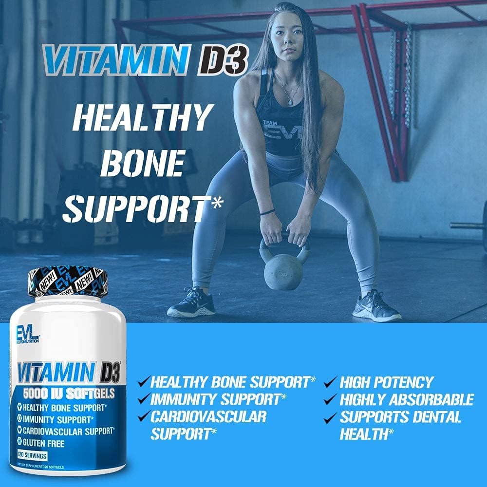 Evlution Nutrición Vitamina D3, 5000 UI de alta potencia, apoyo óseo y articular para la salud del sistema inmunológico, sin OMG y sin gluten,