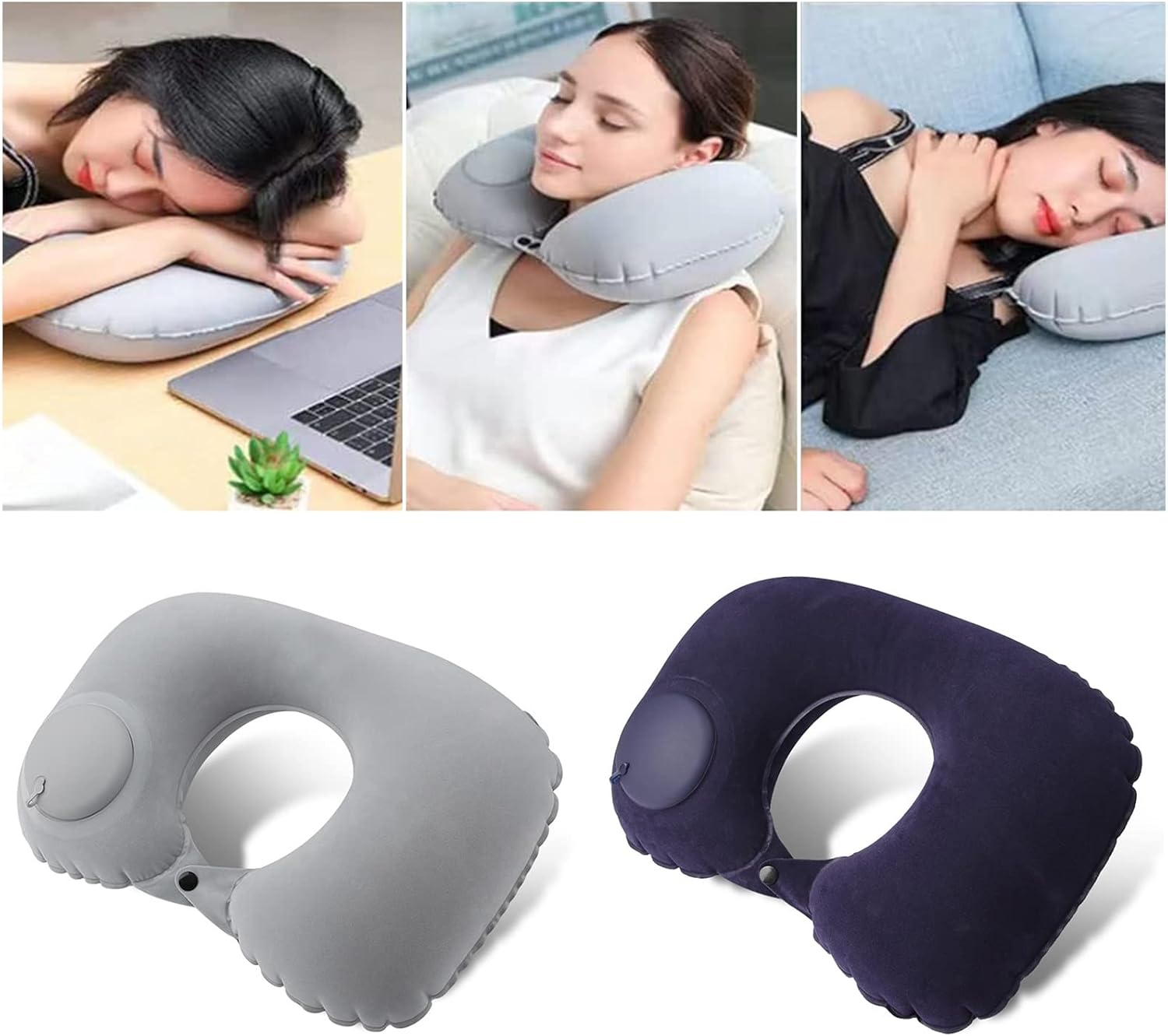 Almohadas inflables de viaje para aviones, almohada inflable impermeable para el cuello, almohadas de viaje ligeras en forma de U con broche para