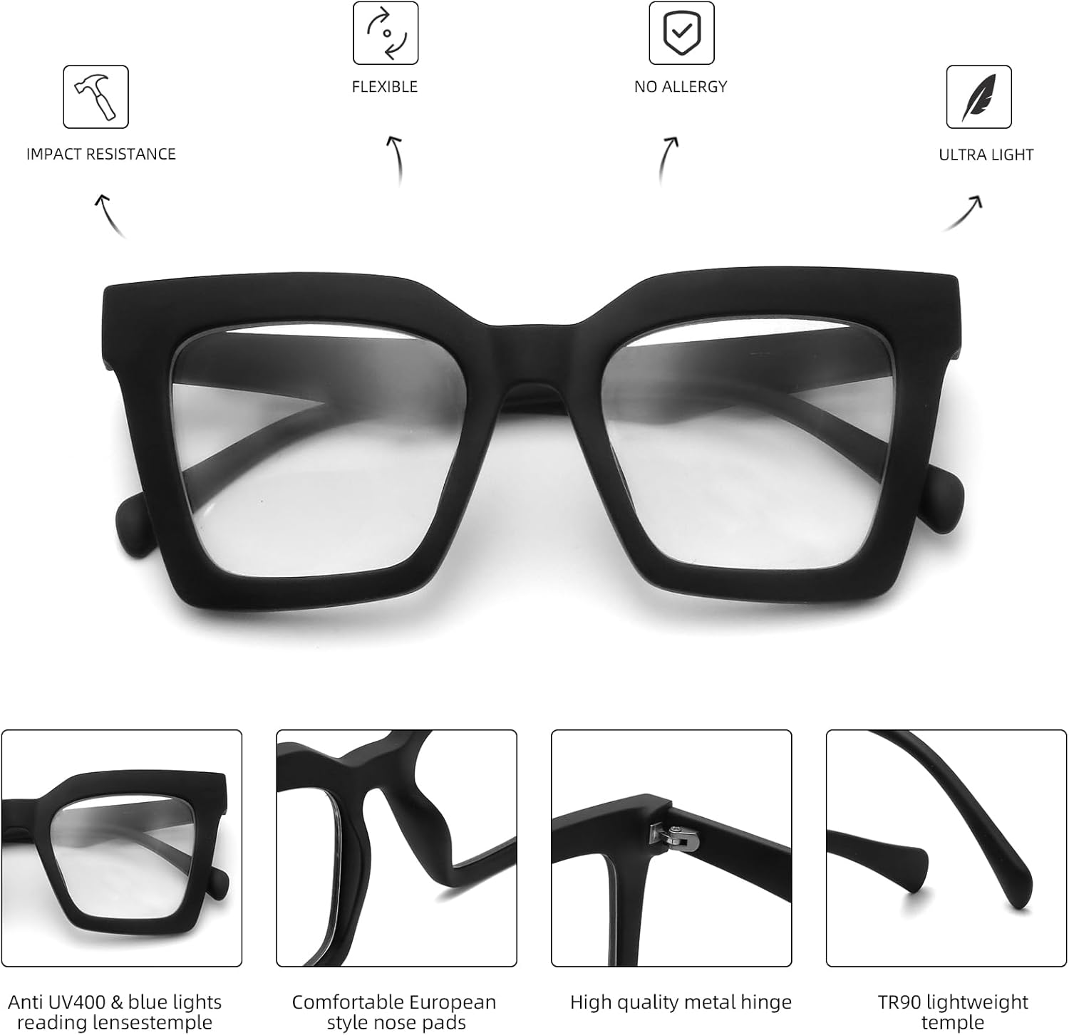 Elegantes anteojos de lectura cuadrados de gran tamaño para mujer, bloqueo de luz azul, a la moda, lindos lectores de computadora, estilo Oprah