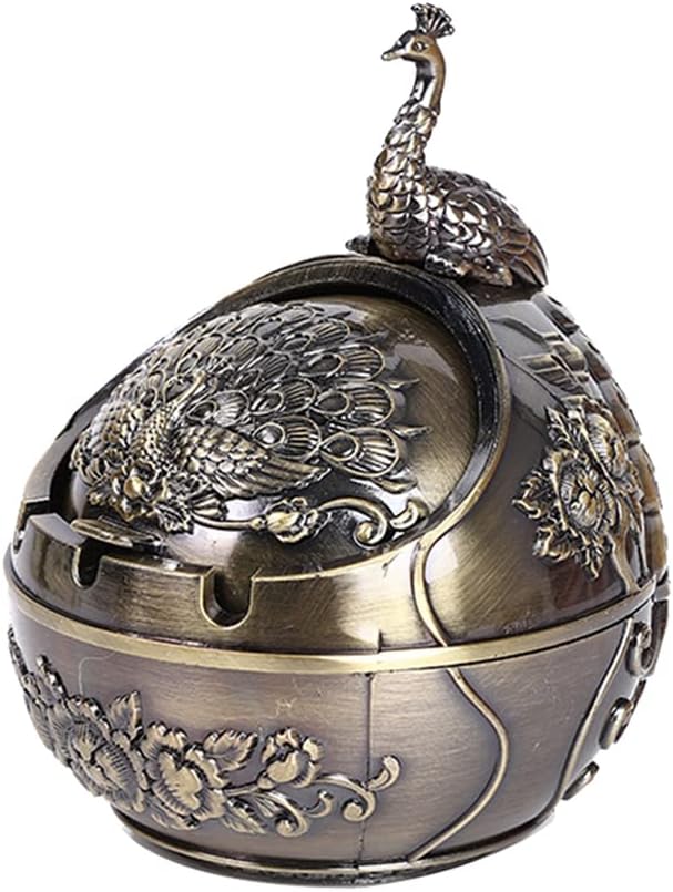 Willcome Cenicero vintage de pavo real con tapa, cenicero de metal resistente al viento, cenicero de escritorio para decoración del hogar y la