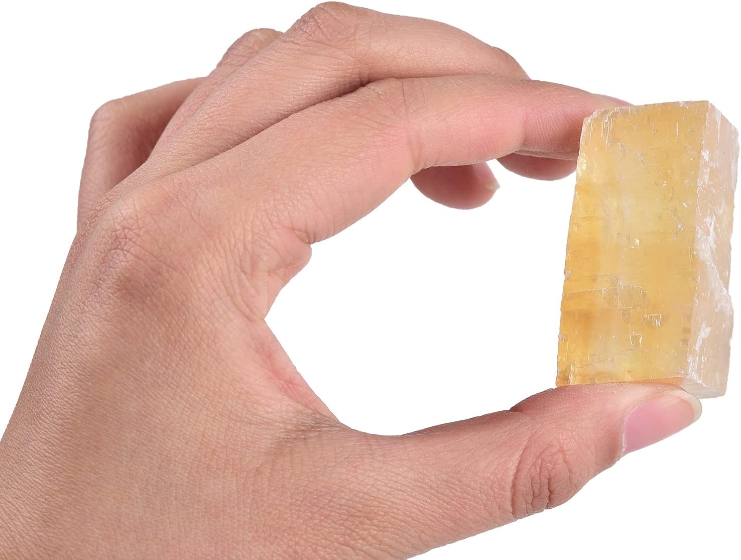AMOYSTONE Calcita natural de Islandia de 1 libra de calcita óptica amarilla en caja, 7-8 piezas de cristales naranjas irregulares piedras ásperas de