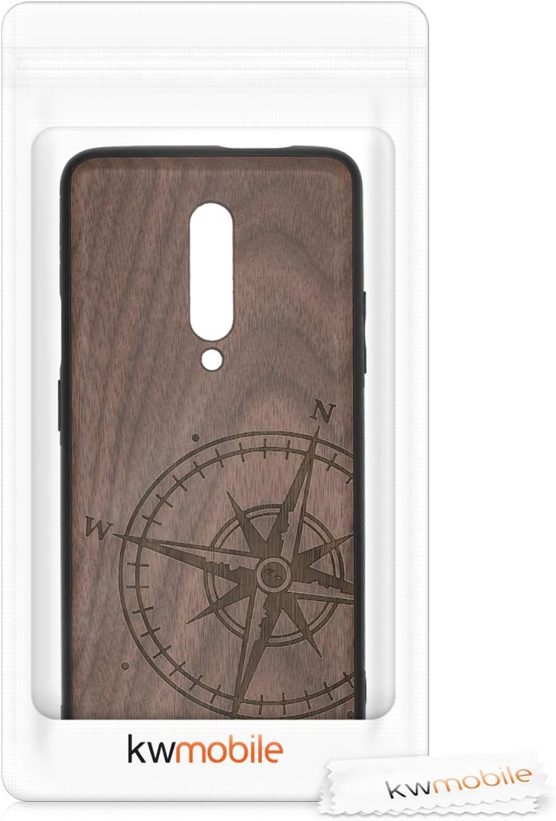 kwmobile Funda de madera compatible con OnePlus 7 Pro – Funda – Brújula de navegación marrón oscuro