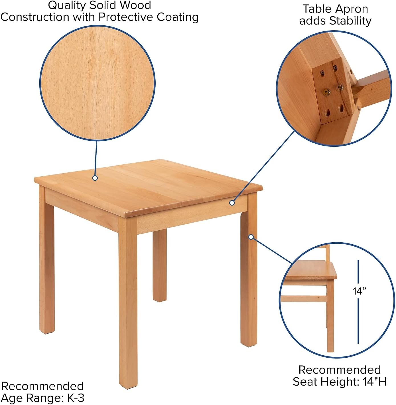 Flash Furniture Kyndl – Juego de mesa y silla de madera maciza natural para niños, para aula, sala de juegos, cocina