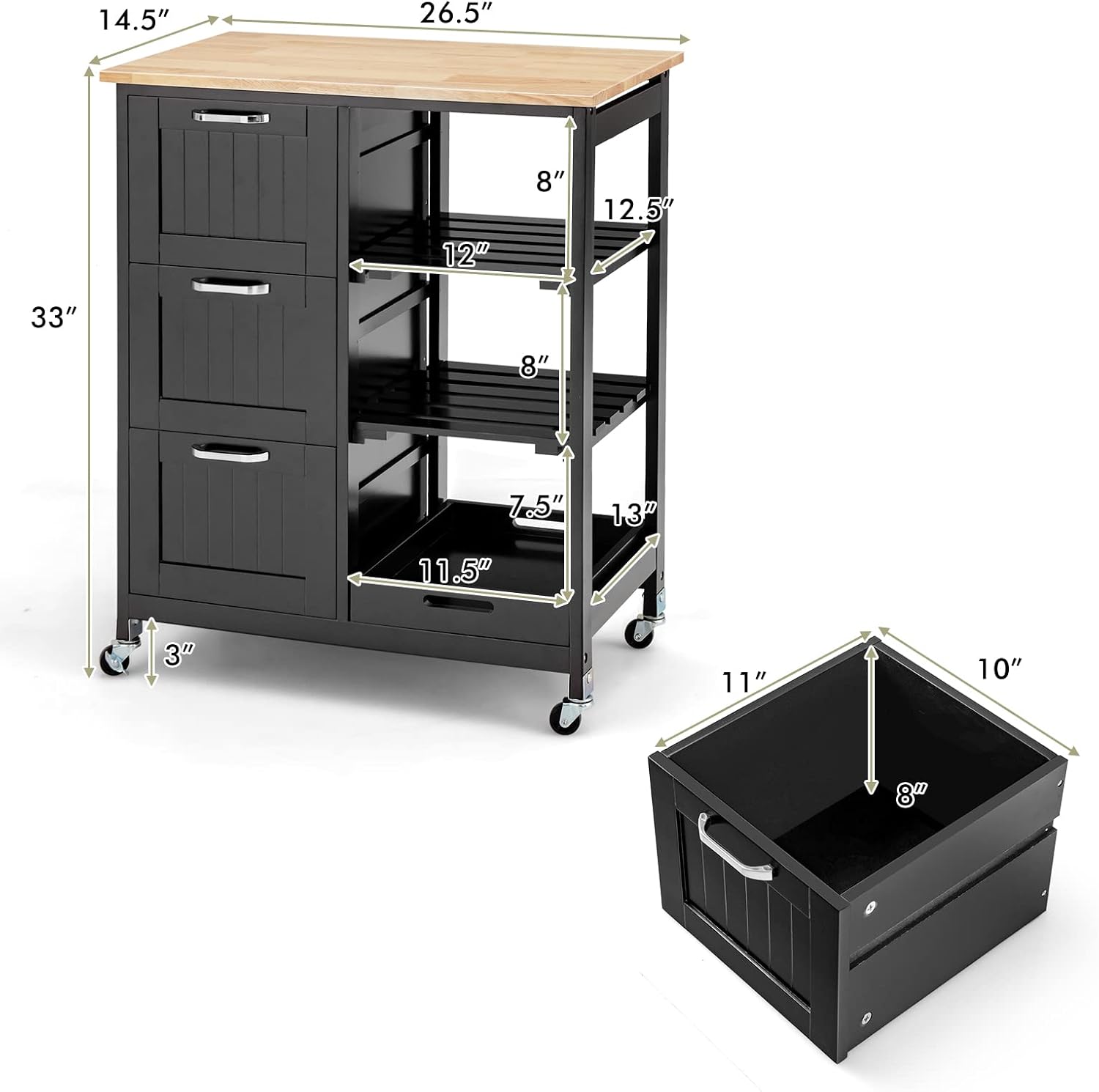 PETSITE Carrito de isla de cocina con almacenamiento y ruedas, mesa de isla pequeña con cajones y estantes para el hogar, color negro