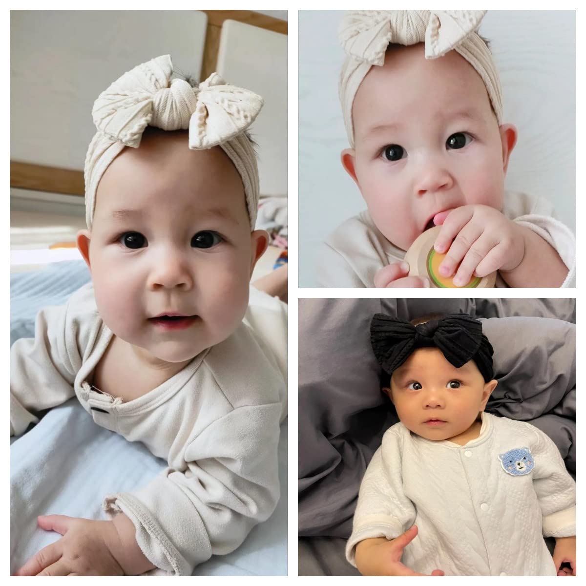 Diademas con lazo para bebé y niñas, hechos a mano, suaves lazos para recién nacidos, para bebés, color negro y blanco (negro+blanco+beige)