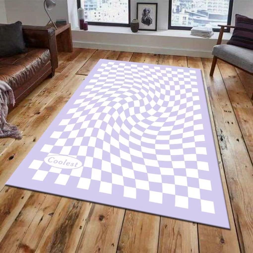 Alfombra de área moderna estética a cuadros de lavanda púrpura para sala de estar, patrón de tablero contemporáneo, dormitorio, junto a la cama,