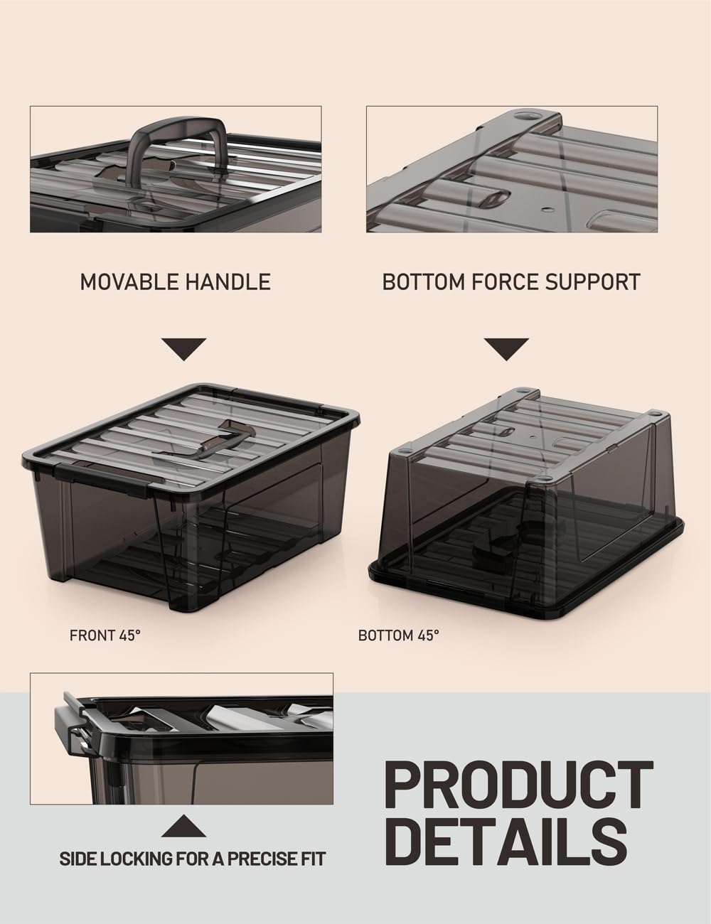 WYT Contenedor pequeño de plástico de 5 cuartos de galón con tapas seguras y hebillas de pestillo, organizador apilable duradero negro transparente,