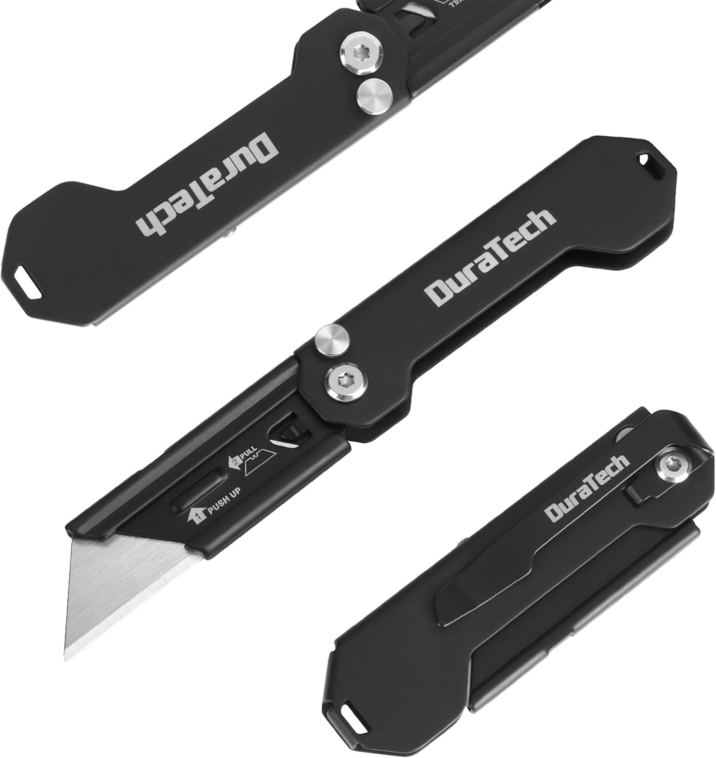 DURATECH Paquete de 2 cuchillos utilitarios plegables, mini cortador de caja con bloqueo de eje de seguridad, clip para cinturón, mecanismo de hoja