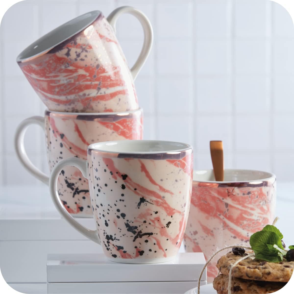 Juego de 4 tazas Corona  Perfecto para los amantes del café y el té  Amani 12.8 oz – 380cc  Cerámica  Decoración de oro rosa