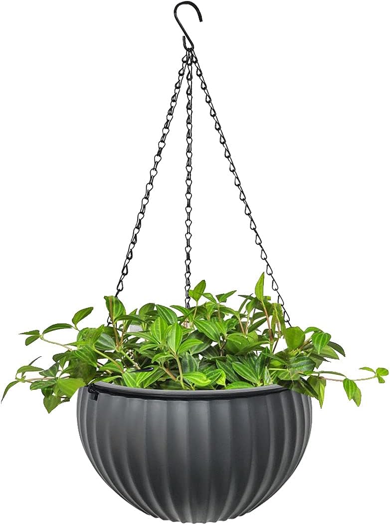 ZH-002 – Paquete de 1 cesta colgante redonda negra de 8.3 pulgadas, maceta colgante de metal, maceta de plástico de cerámica de imitación, maceta