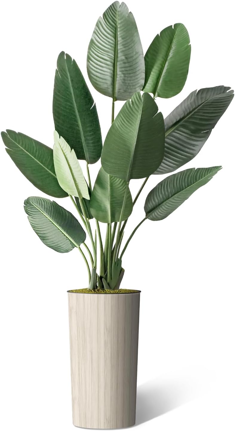 Árbol artificial en macetero de líneas geométricas modernas, ave del paraíso artificial de seda para decoración del hogar en interiores y