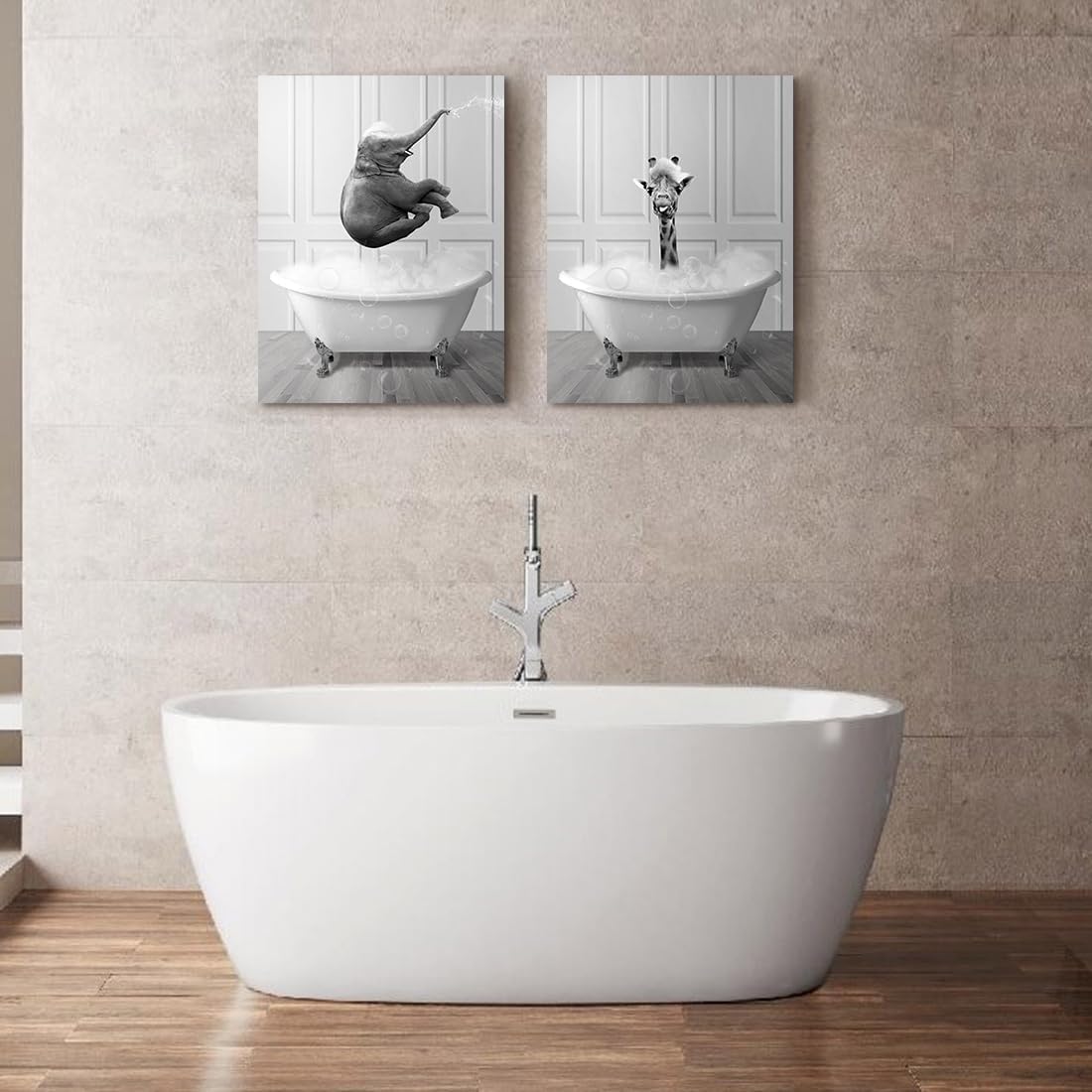 DAZZLING BEAUTY Divertida decoración de baño, animales blancos y negros, arte de pared, lindos elefantes bebés, impresiones en lienzo para bañarse,