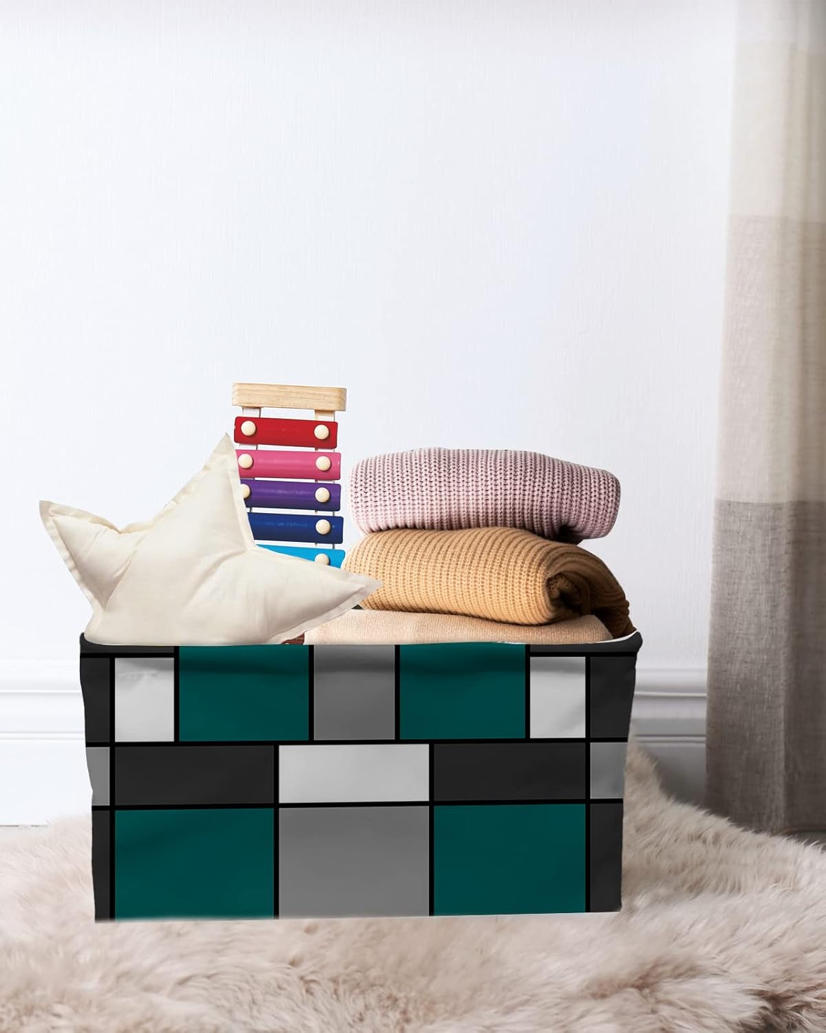 Cesta de almacenamiento geométrica gris turquesa para organizar estantes, cajas de almacenamiento plegables con asa, cesta de lona moderna blanca