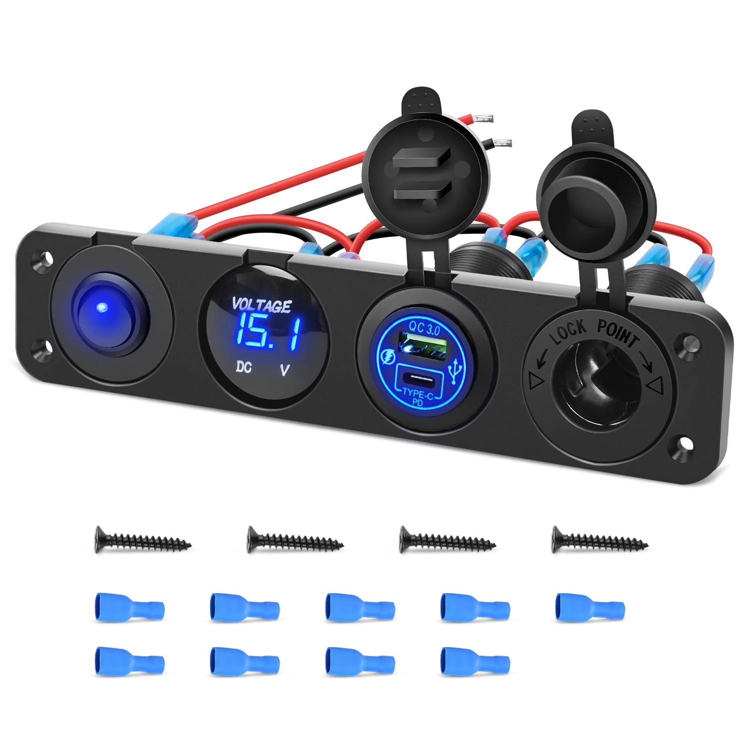 Nilight Panel de enchufe de cargador de encendidoapagado 4 en 1, PD tipo C y QC 3.0, toma de corriente USB, voltímetro LED, encendedor de