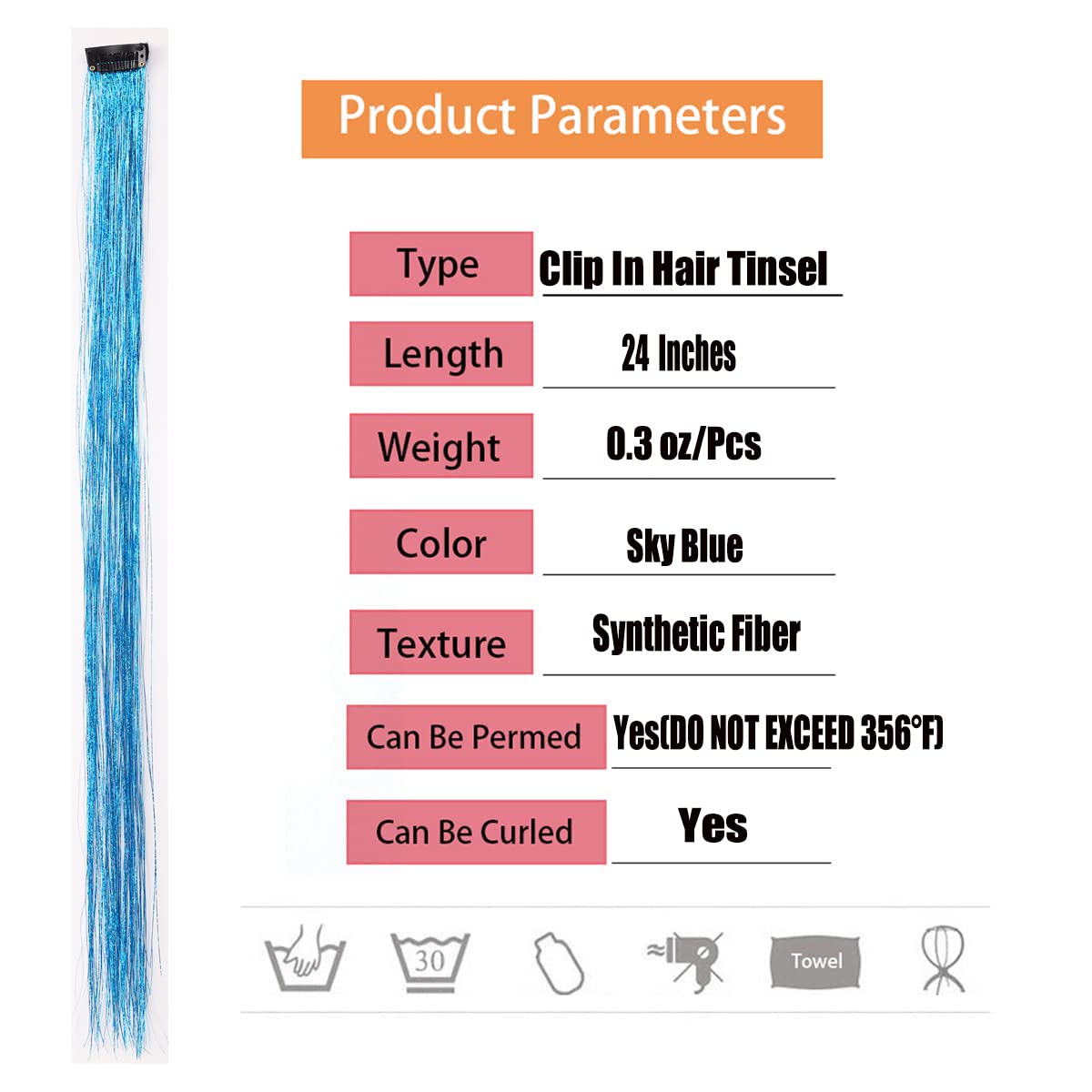 Pelo de oropel azul cielo de 24 pulgadas, resistente al calor, con clips, extensiones de oropel con purpurina, para Navidad, Año Nuevo, muy lindo