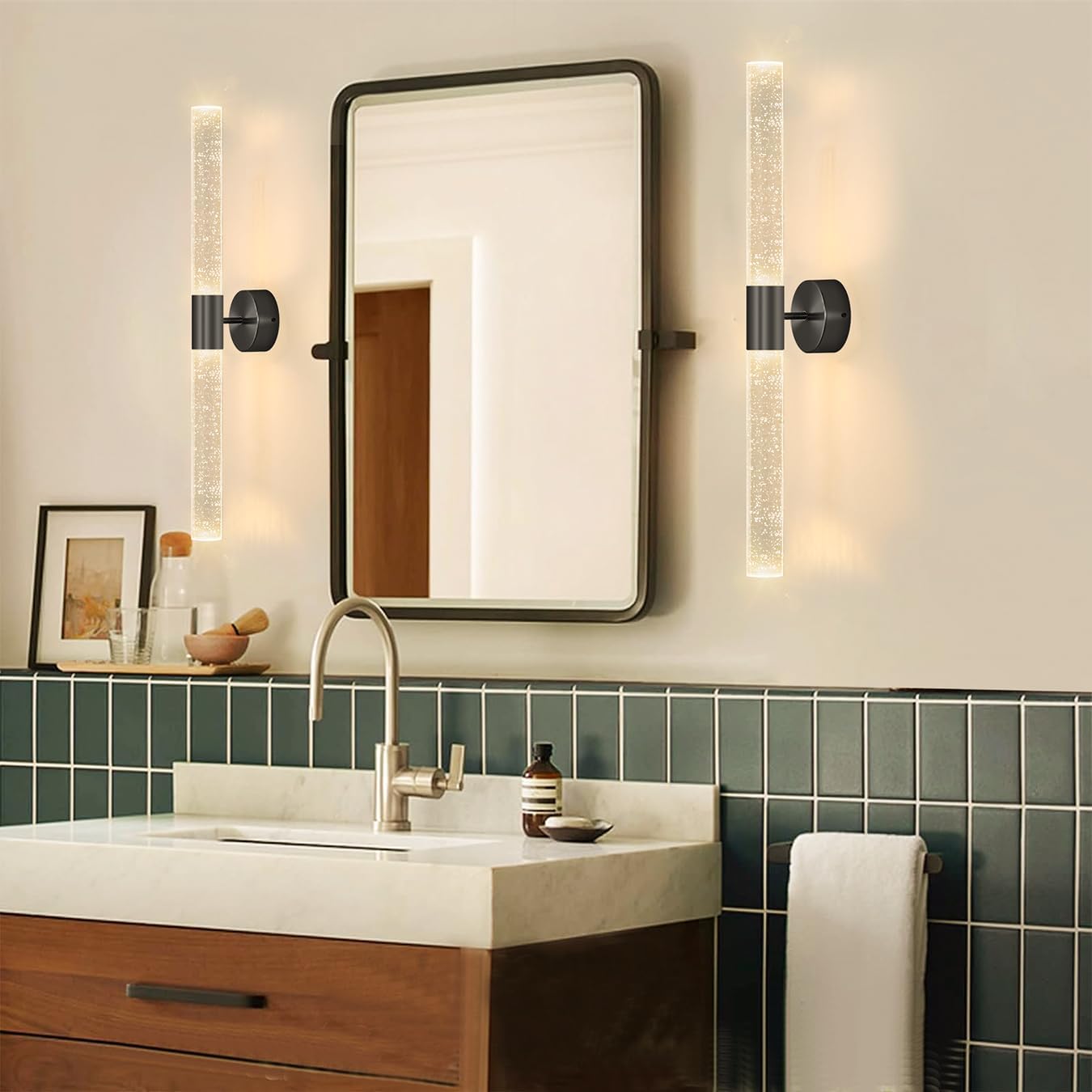 Juego de dos apliques de pared negros modernos LED para comedor, iluminación de pared de 30 W, 3000 K, luces de pared LED de cristal con cable para