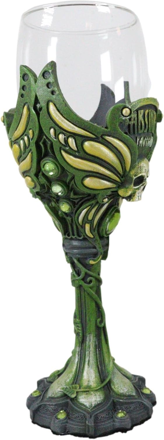 Ebros Gift Absenta de hadas bohemia parisina La Fee Verte cráneo con gema verde y tallo de vid Copa de vino Cáliz de vidrio Osario Macabra Accent
