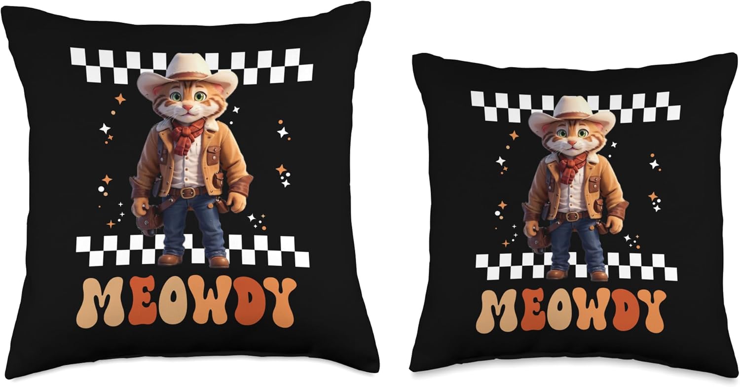 Meowdy Cowboy Hat Cat Groovy Retro Cats Lovers Meowdy Cowboy Hat Groovy Retro Kitten Cats Lovers – Almohada de 16 x 16 pulgadas, multicolor