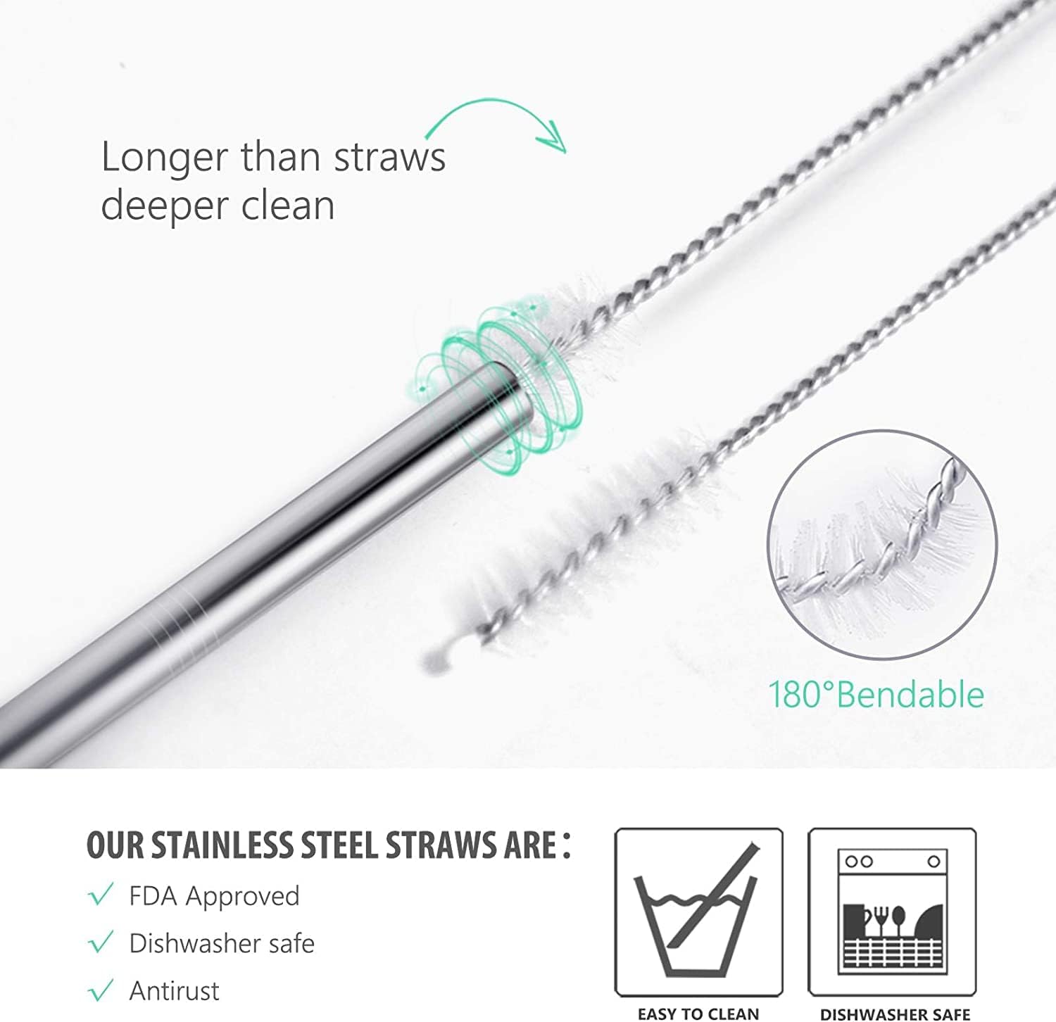8 popotes de acero inoxidable doblados de 516 pulgadas de ancho para vaso de 40 onzas con asa, popotes de metal reutilizables de 12 pulgadas de