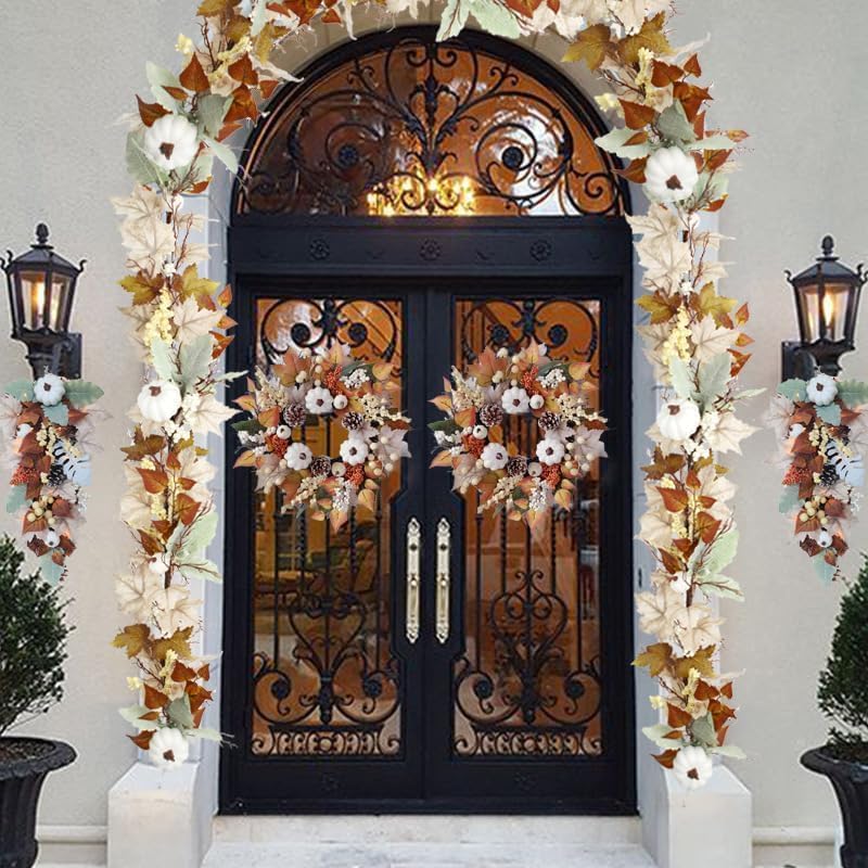 Guirnalda de otoño de 5.6 pies, hojas de arce, calabazas, bayas, guirnalda de hojas de otoño para el hogar, decoración de mesas de otoño, decoración