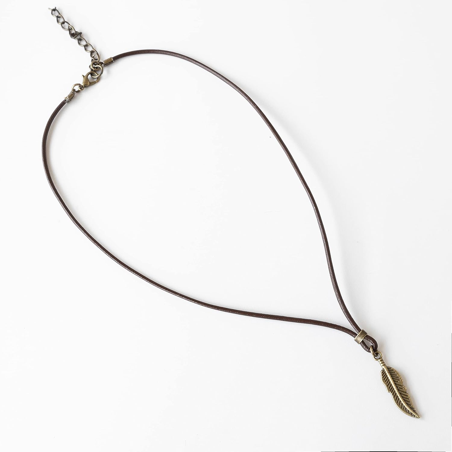 Men’s Feather Necklace, Short Brown Leather & Brass Pendant Choker Necklace for Men, Spiritual Nature Inspired Hippie Festival Choker for Men,