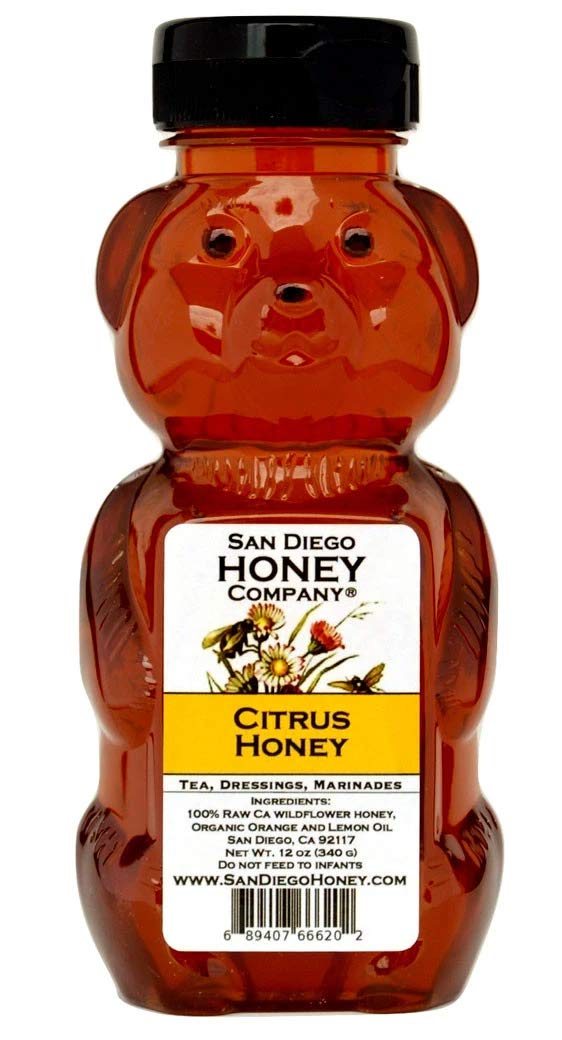 Miel de cítricos de San Diego Honey Company  Oso de miel, miel de flor de naranja cruda con mandarina + limón de 12 onzas