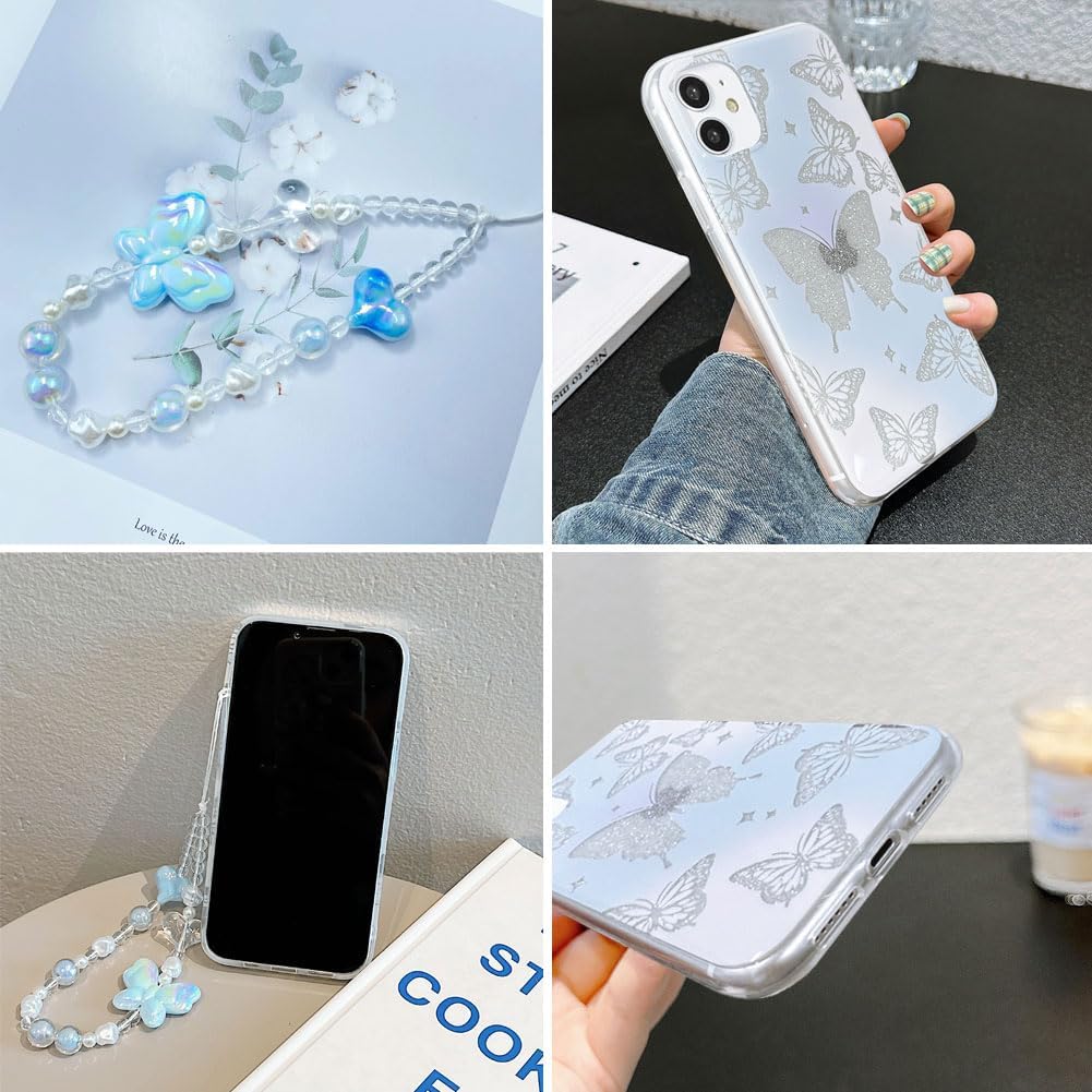 Abbery Funda diseñada para iPhone 11, con brillantina, bonita transparente, con diseño de mariposa con correa para la muñeca, brillante, morado y