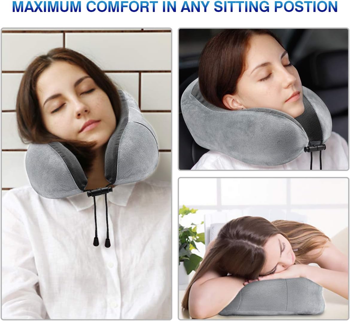 DYD Almohada de viaje de espuma viscoelástica para el cuello para avión, funda de terciopelo lavable, almohada ergonómica de apoyo para el cuello